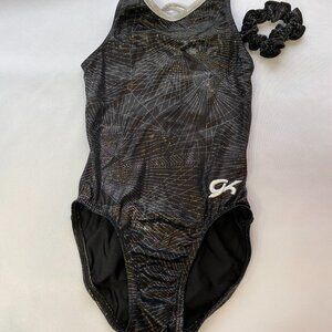 Child's GK Elite Black and Silver Leotard Size Medium with matching scrunchie